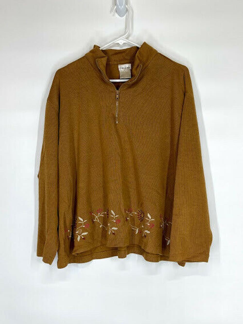 Bobbie Brooks Brown Embroidered Quarter Zip Pullover Sweater Women’s